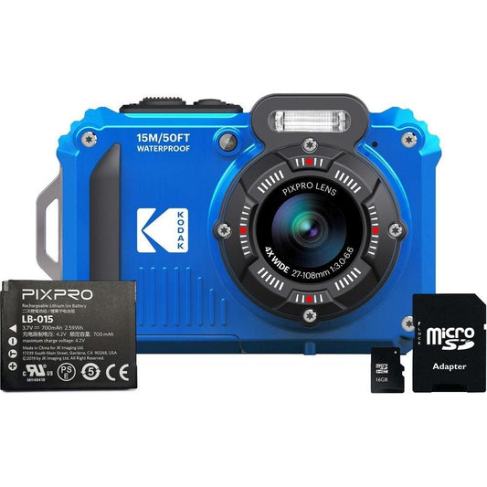 Kodak PIXPRO WPZ2 16MP 4x Zoom Tough Compact Camera - Blue - Camera + 16GB SD Card + Battery