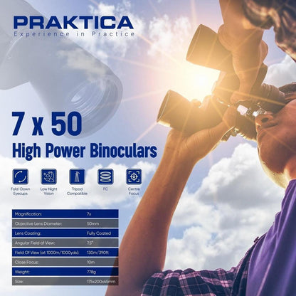 PRAKTICA Falcon 7x50mm Porro Prism Field Binoculars - Black - Binoculars Only