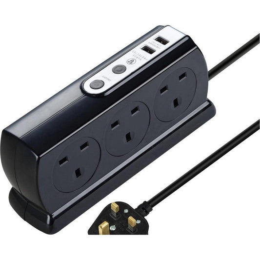 Masterplug 2m 6 Socket 13A plus 2x USB-A Ports Extension Lead Black