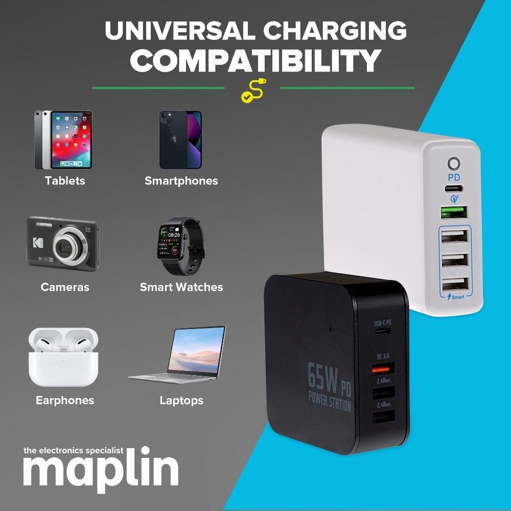 Maplin 6 Port USB Charging Station 4x USB-A / 2x USB-C 65W High Speed Charging with 1m Cable