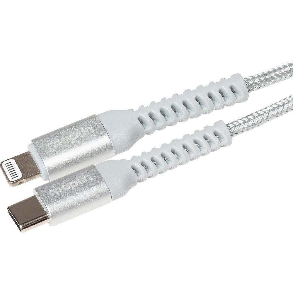 Maplin Lightning Connector to USB-C Cable Braided 20W High Speed 2m Silver