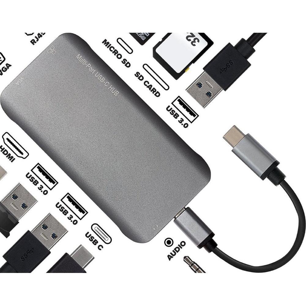 Nikkai USB-C Multiport Hub 3x USB-A 3.0 / HDMI 4K / Gigabit RJ45 / VGA / USB-C PD / 3.5mm Audio / SD Card Reader