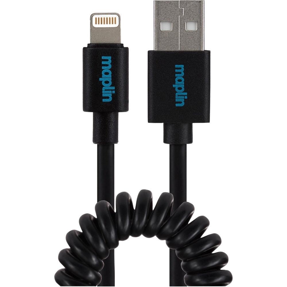 Maplin Lightning Connector to USB-A Coiled Curly Cable Black - 1m