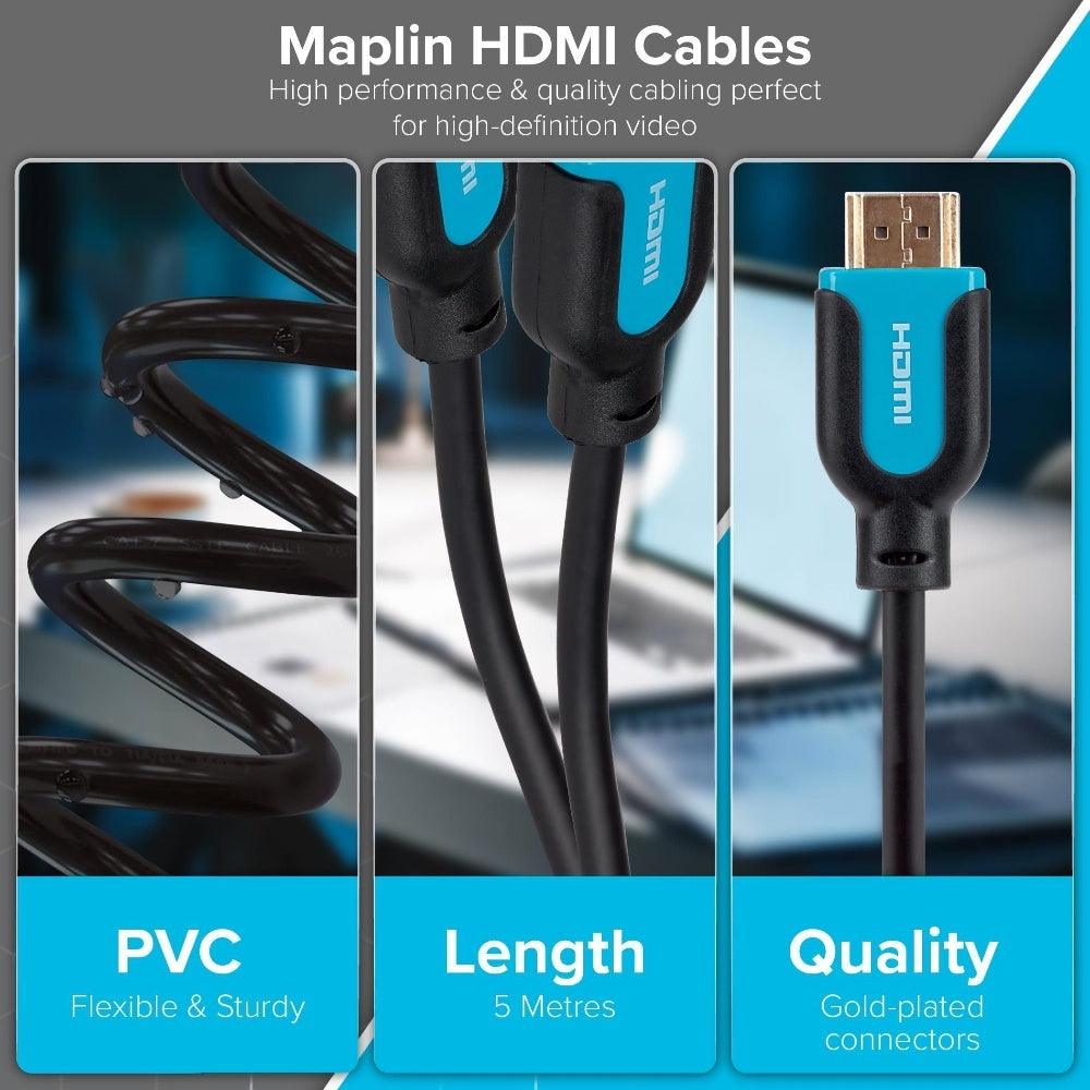 Maplin HDMI to HDMI 4K Ultra HD Cable with Gold Connectors - Black, 5m