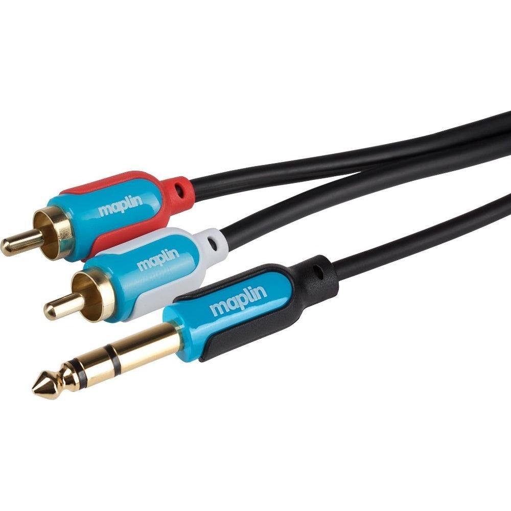 Maplin 1/4’’ 6.35mm 3 Pole Jack Plug to Twin RCA Phono Cable - Black 3m