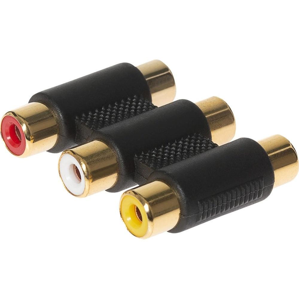 Maplin 3-Way RCA Phono Coupler Adapter Red/White/Yellow Sockets - Black