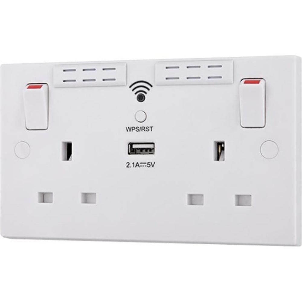 BG 2 Gang Switched Socket Square Edge 13A with Wi-Fi Extender + 1x USB-A 2.1A - White