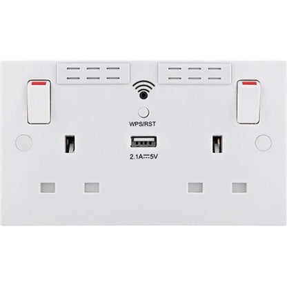 BG 2 Gang Switched Socket Square Edge 13A with Wi-Fi Extender + 1x USB-A 2.1A - White