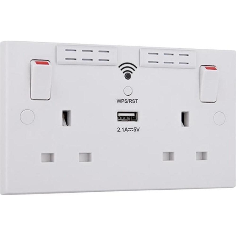 BG 2 Gang Switched Socket Square Edge 13A with Wi-Fi Extender + 1x USB-A 2.1A - White