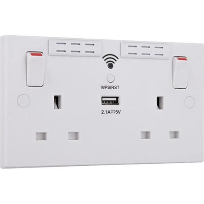 BG 2 Gang Switched Socket Square Edge 13A with Wi-Fi Extender + 1x USB-A 2.1A - White