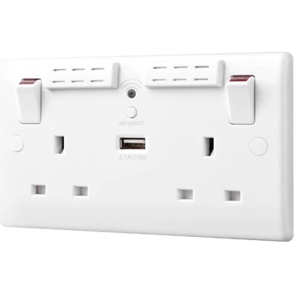 British General 13A 2 Gang Switched Socket with Wi-Fi Extender + 1x USB-A 2.1A Round Edge White