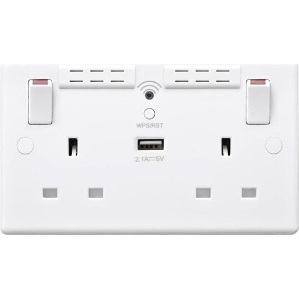 British General 13A 2 Gang Switched Socket with Wi-Fi Extender + 1x USB-A 2.1A Round Edge White