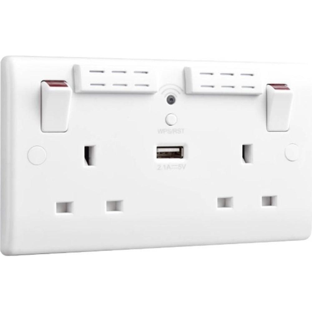 British General 13A 2 Gang Switched Socket with Wi-Fi Extender + 1x USB-A 2.1A Round Edge White