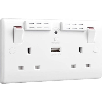 British General 13A 2 Gang Switched Socket with Wi-Fi Extender + 1x USB-A 2.1A Round Edge White