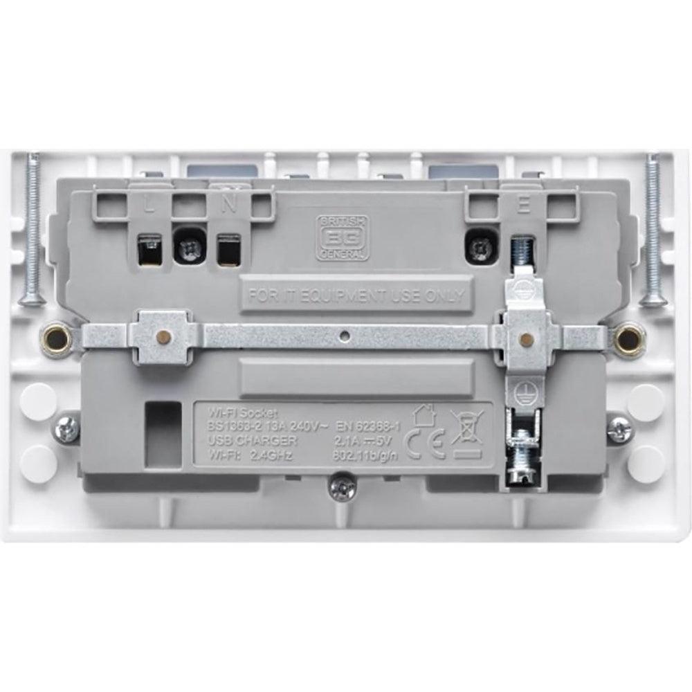 British General 13A 2 Gang Switched Socket with Wi-Fi Extender + 1x USB-A 2.1A Round Edge White