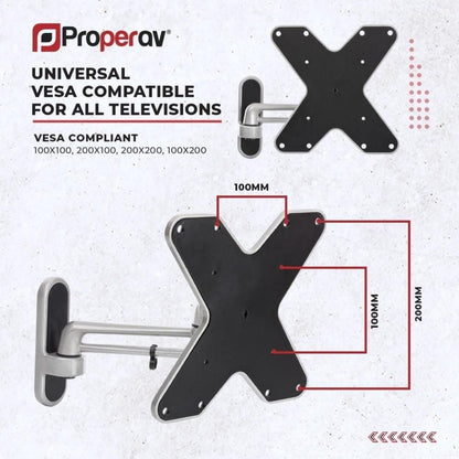 ProperAV TV Wall Bracket 23- 46’’ Swing Arm Tilt 15 VESA Max 200x200 Silver