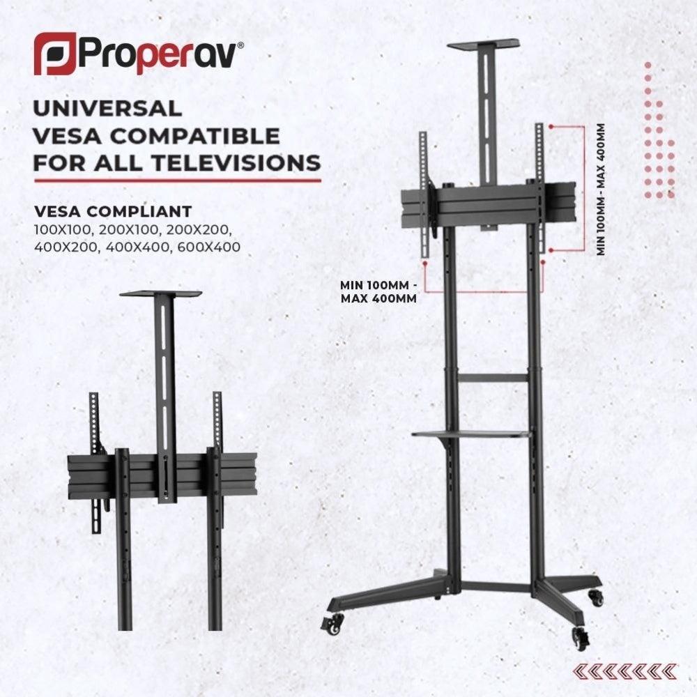 ProperAV Mobile TV Trolley Stand on Wheels for 37’’-70’’ Max Load 50kg VESA Max 600-400mm