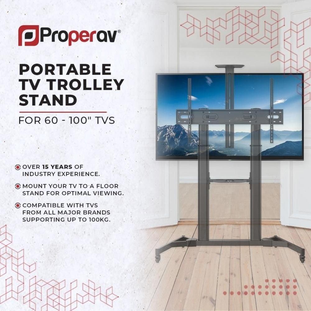 ProperAV Mobile TV Trolley Stand on Wheels for 60’’-100’’ Max Load 100kg VESA Max 1000-600mm