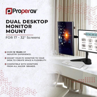 ProperAV Desk Monitor Mount Dual Swing Arm Free Standing Base 17’’- 34’’ VESA Max 100x100