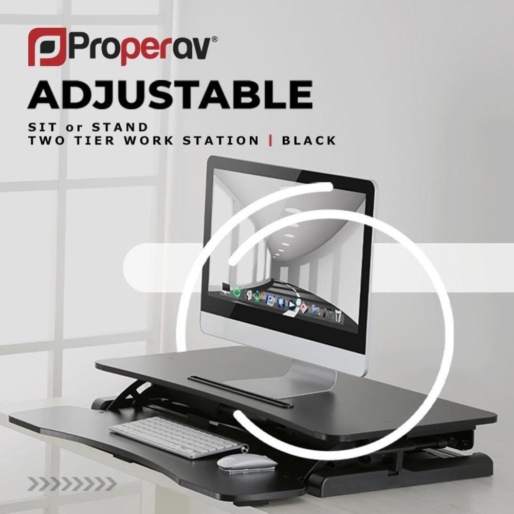 ProperAV Stand Up Desk Converter Two Tier Worktop Gas Spring Lift Variable Height Settings Black