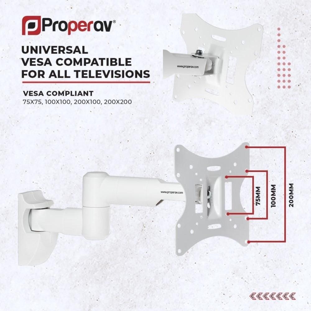 ProperAV TV Wall Bracket 23- 46" Swing Arm Tilt 20 VESA Max 200x200 Dual Pivot - White