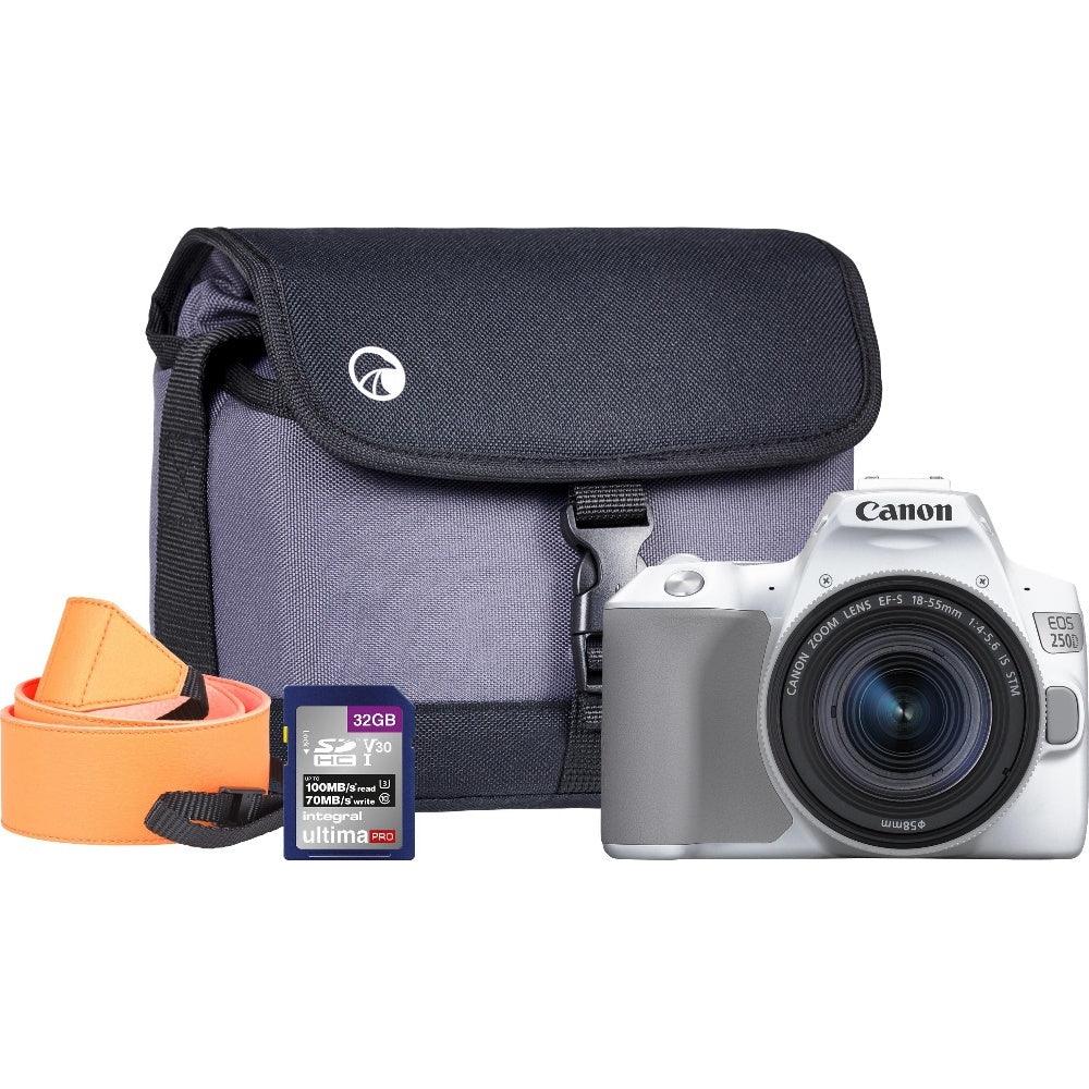 Canon EOS 250D White SLR Camera Kit inc 18-55mm IS STM Lens Sandisk 32GB SD Card Neck Strap & Bag