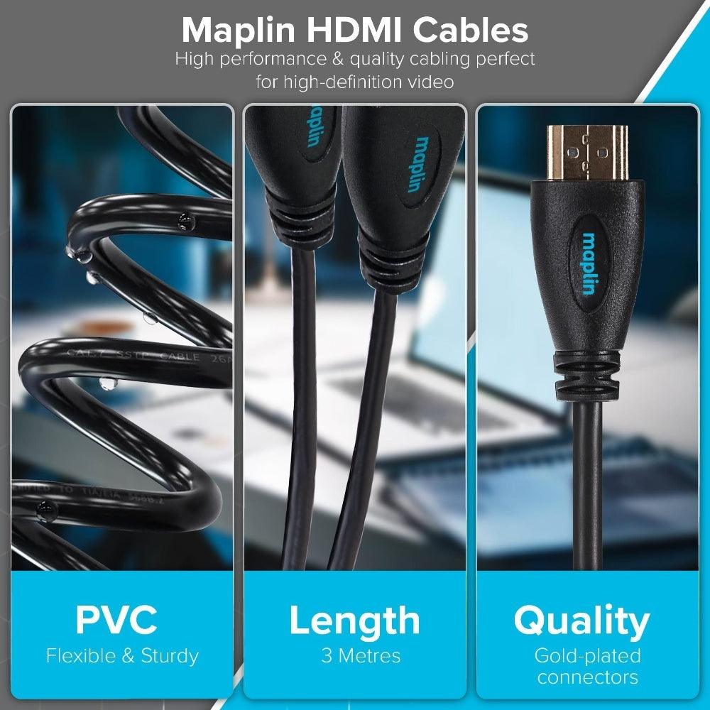 Maplin Thin HDMI to HDMI 4K Ultra HD Cable with Ethernet & Gold Connectors - Black, 3m