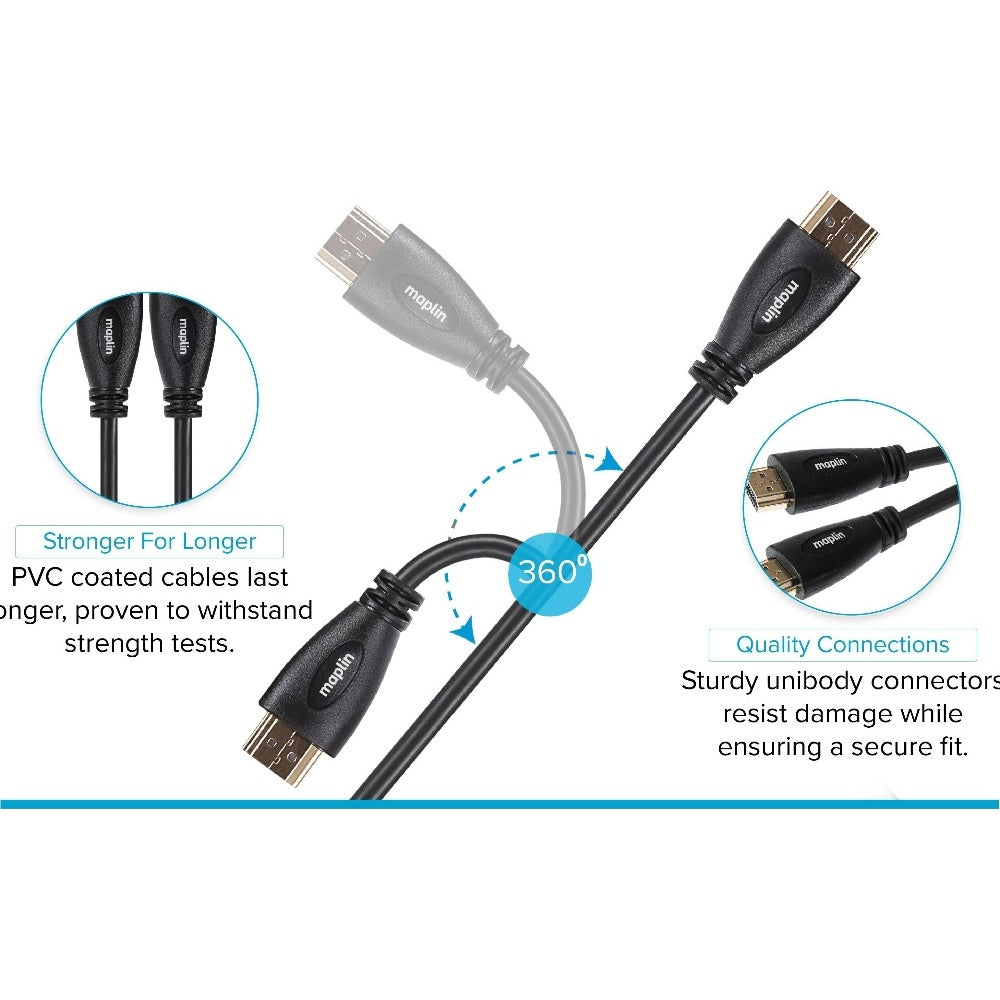 Maplin Thin HDMI to HDMI 4K Ultra HD Cable with Ethernet & Gold Connectors - Black, 3m - Audio & Video Cables | Hipeon