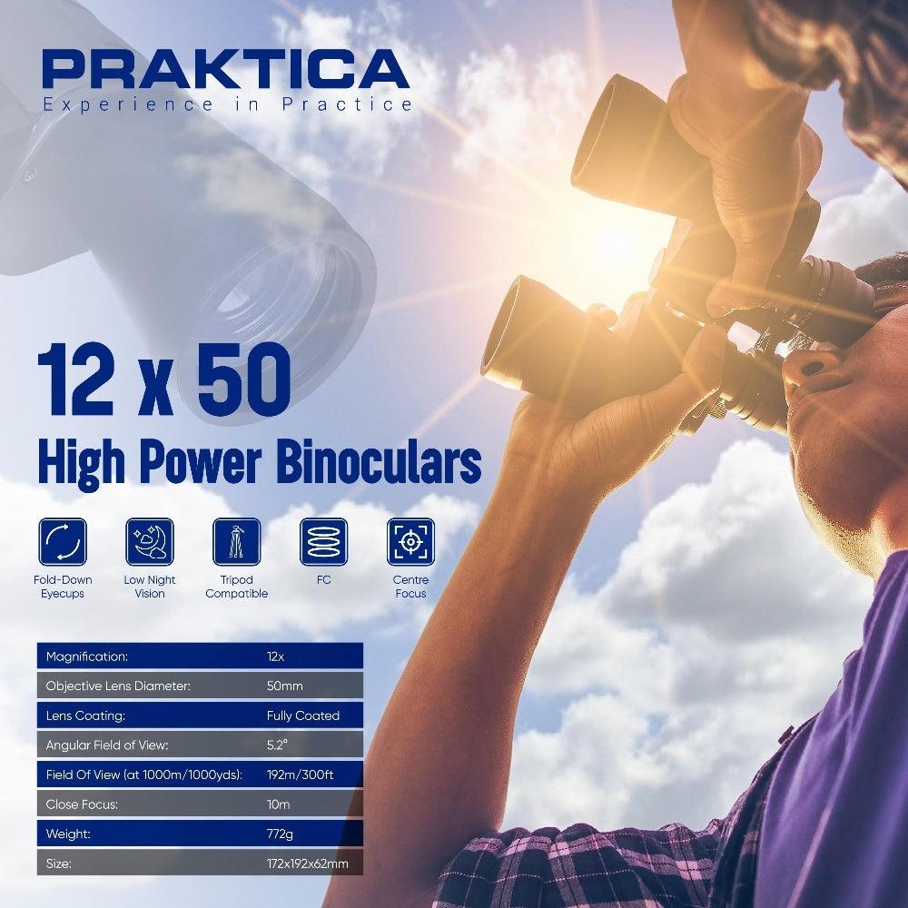 PRAKTICA Falcon 12x50mm Multi Coated Porro Prism Field Binoculars - Black - Binoculars + Tripod Mount