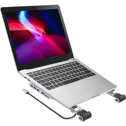 ProperAV Laptop or Tablet Stand Portable with Built in 100W USB-C Hub 4 x USB-A Port Aluminium Construction Silver