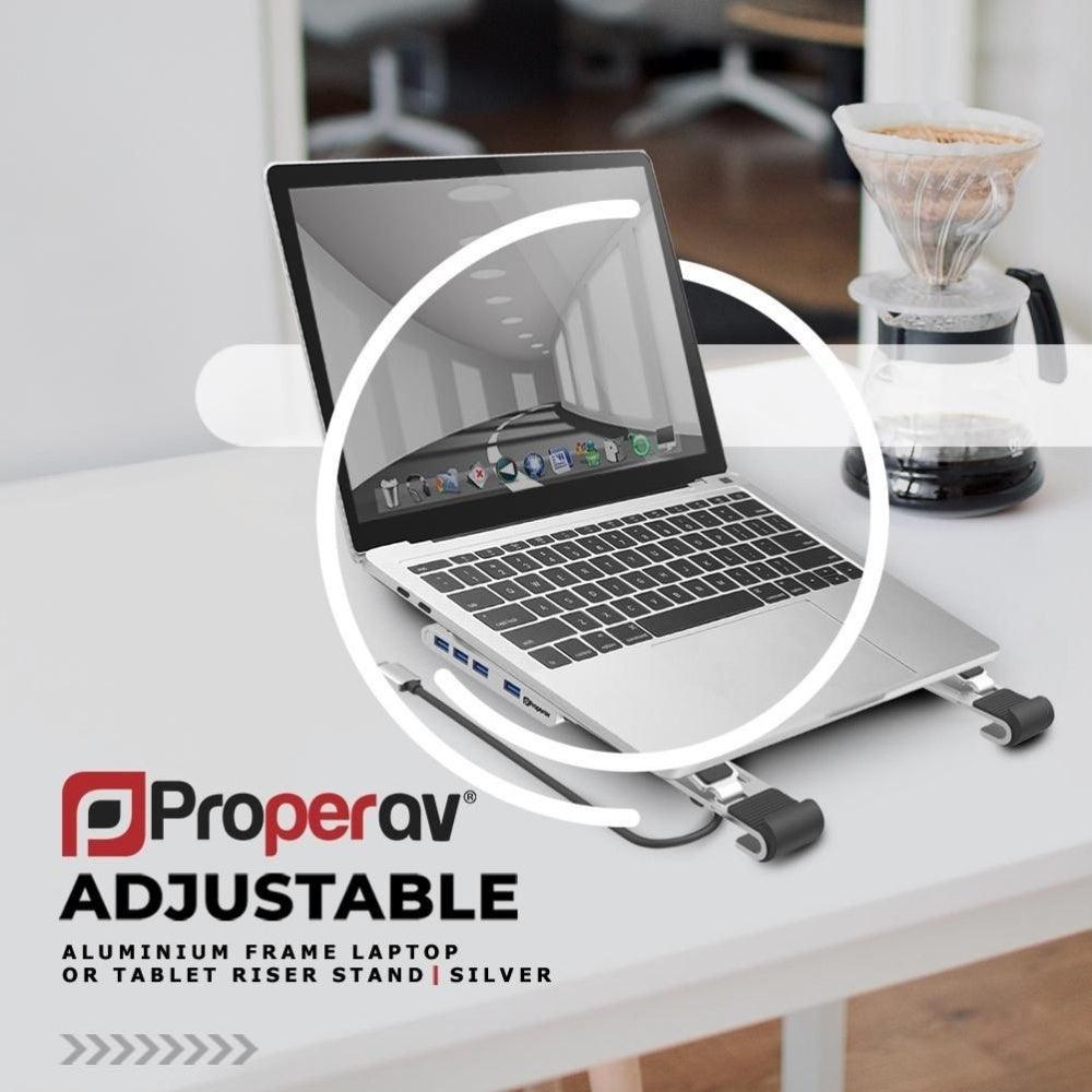 ProperAV Laptop or Tablet Stand Portable with Built in 100W USB-C Hub 4 x USB-A Port Aluminium Construction Silver