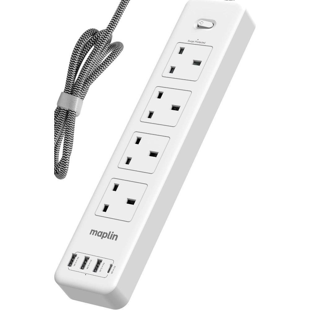 Maplin 4 Socket UK Extension Lead with 3x USB-A / 1x USB-C Ports Power Switch Surge Protection 2m