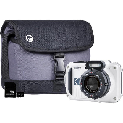 Kodak PIXPRO WPZ2 16MP 4x Zoom Tough Compact Camera - White - Camera + Sandisk 32GB SD Card + System Bag