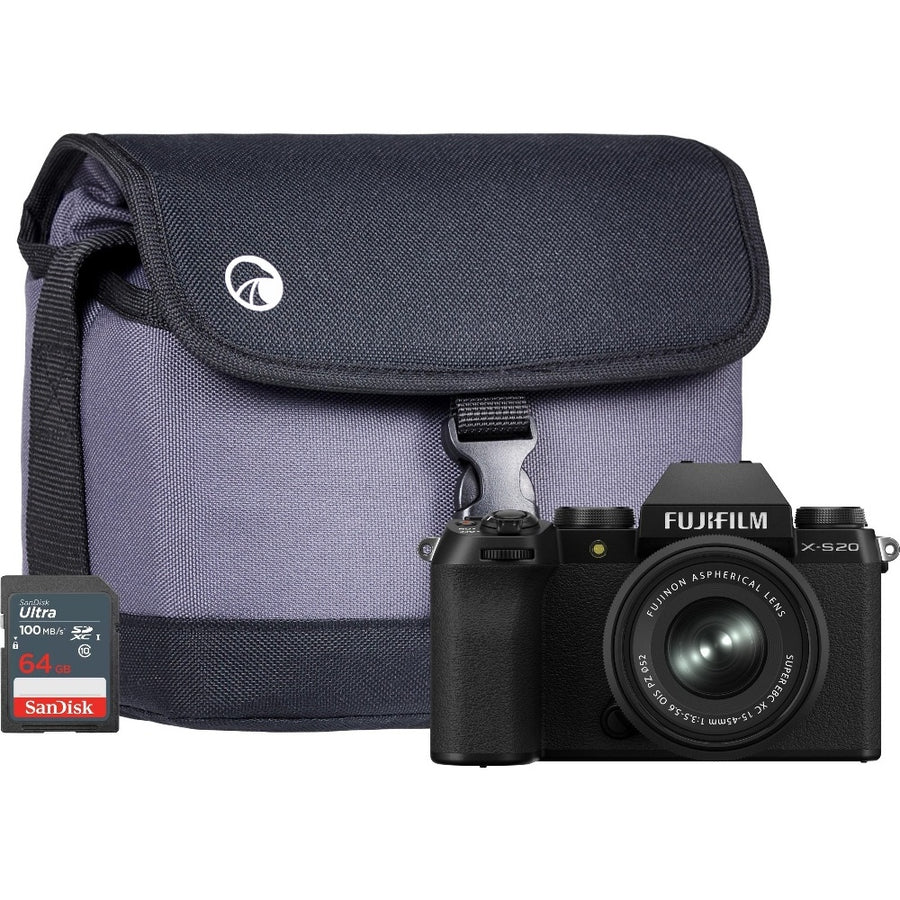 Fujifilm X-S20 Mirrorless Digital Camera - Black - Camera + XC 15-45mm Lens + Sandisk 64GB SD Card + System Bag