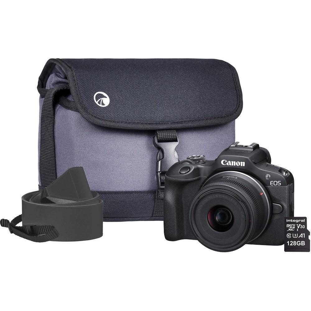 Canon EOS R100 APS-C Mirrorless Camera Kit inc RF-S 18-45mm Lens 128GB SD Card Neck Strap and Case - Black