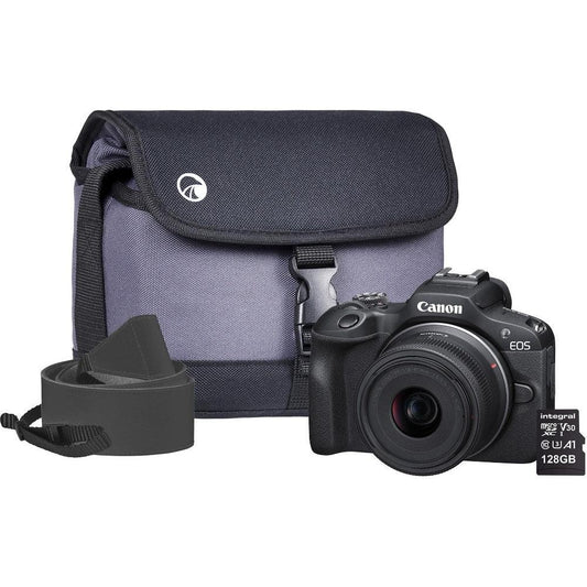 Canon EOS R100 APS-C Mirrorless Camera Kit inc RF-S 18-45mm Lens, 128GB SD Card, Neck Strap and Case - Black