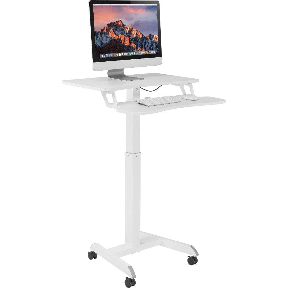 ProperAV Two Tier Mobile Desk Trolley Workstation with Gas Spring Height Adjustment White