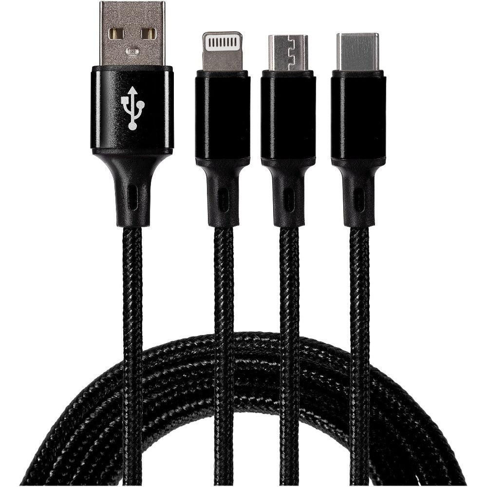 Maplin USB-A to 3 in 1 Multi Charging Cable USB-C/ Lightning Micro USB-B Braided 1.2m  - Black