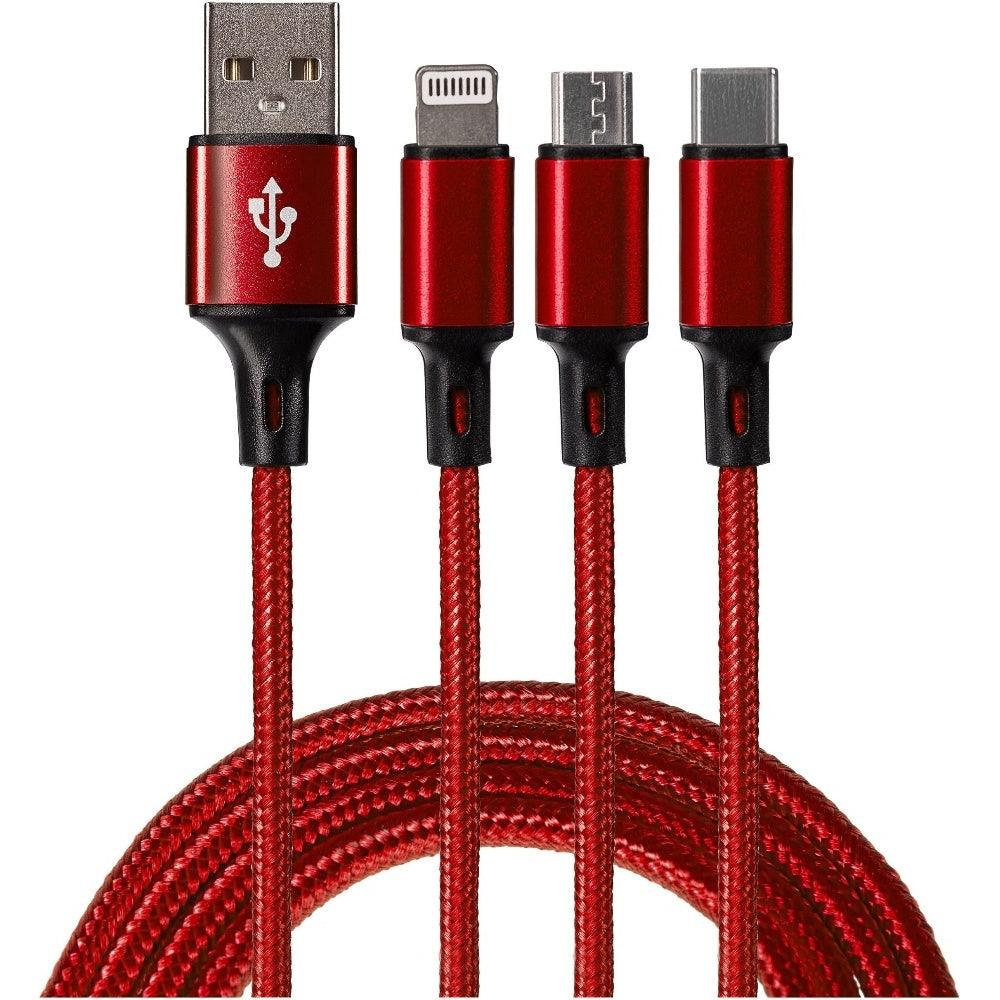 Maplin USB-A to 3 in 1 Multi Charging Cable USB-C/ Lightning Micro USB-B Braided 1.2m  - Red