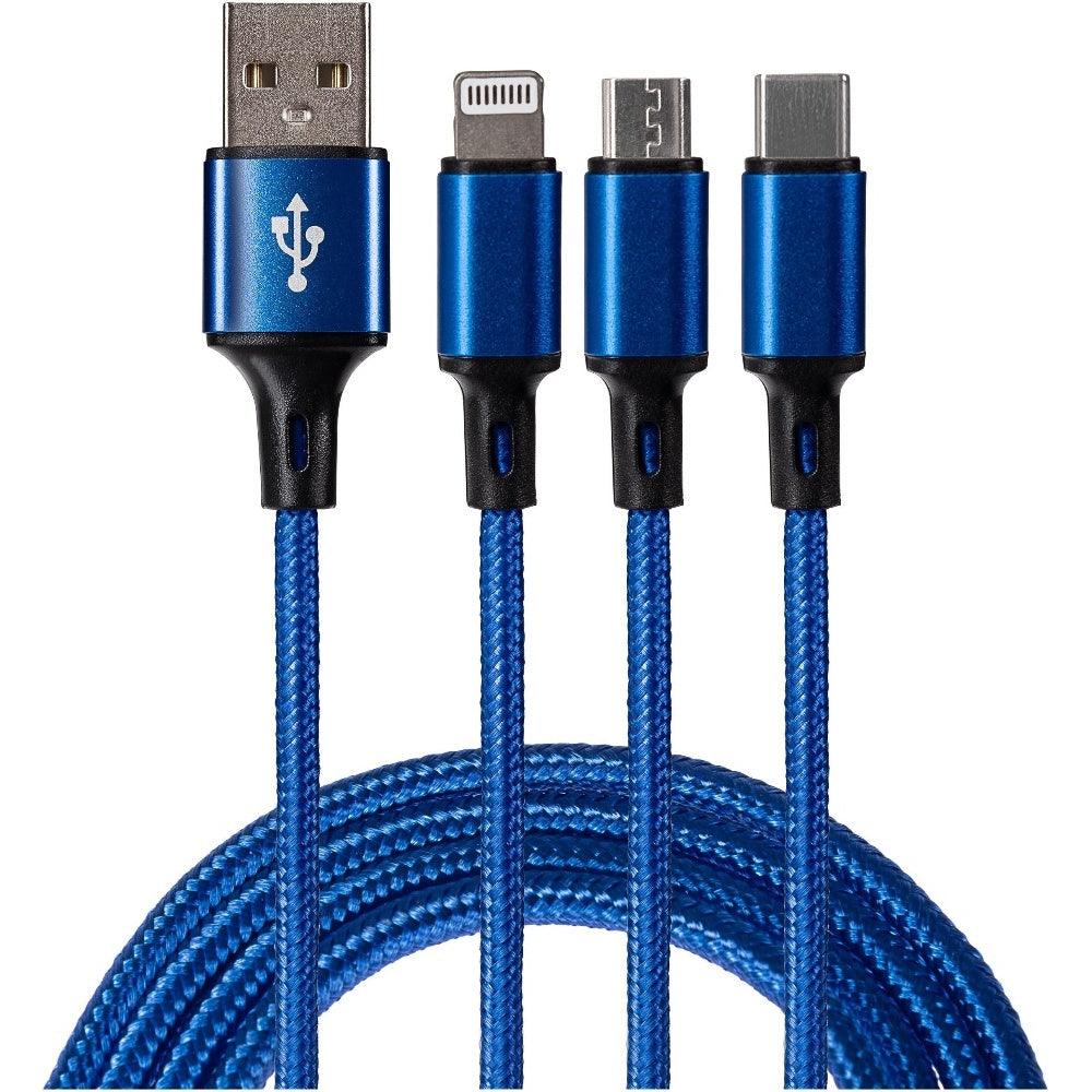 Maplin USB-A to 3 in 1 Multi Charging Cable USB-C/ Lightning Micro USB-B Braided 1.2m  - Blue