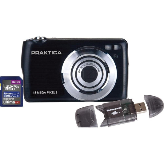 PRAKTICA Compact Digital Camera 18MP 8x Optical Zoom Entry Level Black - Camera + Sandisk 32GB SD Card + Card Reader