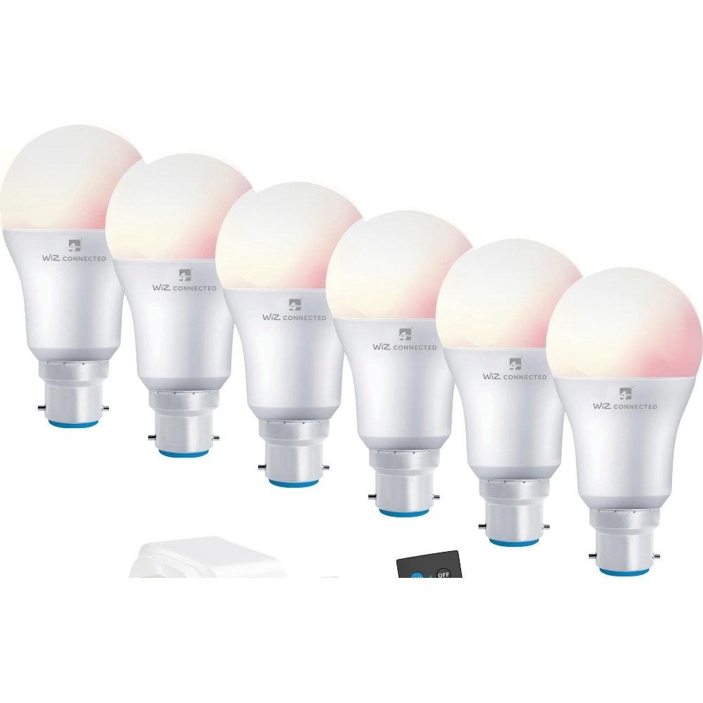 4lite WiZ Connected Smart Lighting Kit including 6x B22 Bayonet Bulbs 1x Remote Control & 2x 3-Pin UK Plugs