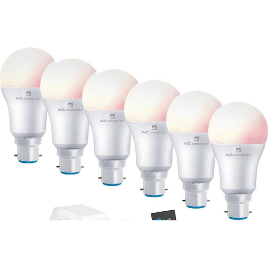 4lite WiZ Connected Smart Lighting Kit including 6x B22 Bayonet Bulbs, 1x Remote Control & 2x 3-Pin UK Plugs