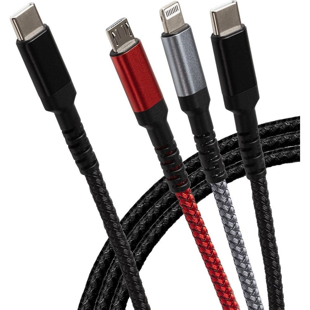 Maplin USB-C to 3 in 1 Multi Charging Cable USB-C/ Lightning / Micro USB-B Braided 1.2m - Black, Red and Grey