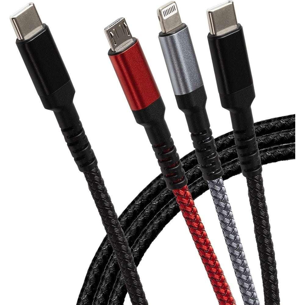 Maplin USB-C to 3 in 1 Multi Charging Cable USB-C/ Lightning / Micro USB-B 100W Braided 1.2m - Black Red and Grey