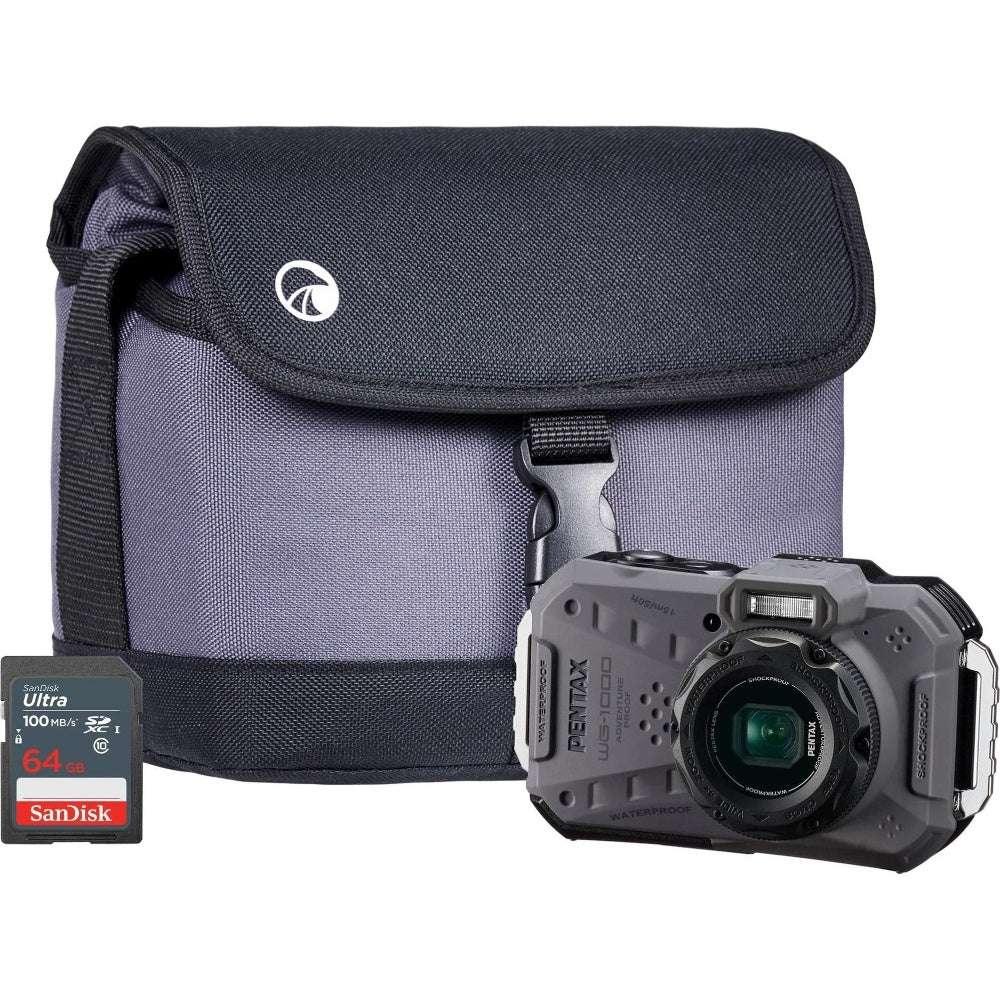 Pentax WG-1000 16MP 4x Zoom Tough Compact Camera - Grey - Camera + Sandisk 64GB SD Card + System Bag