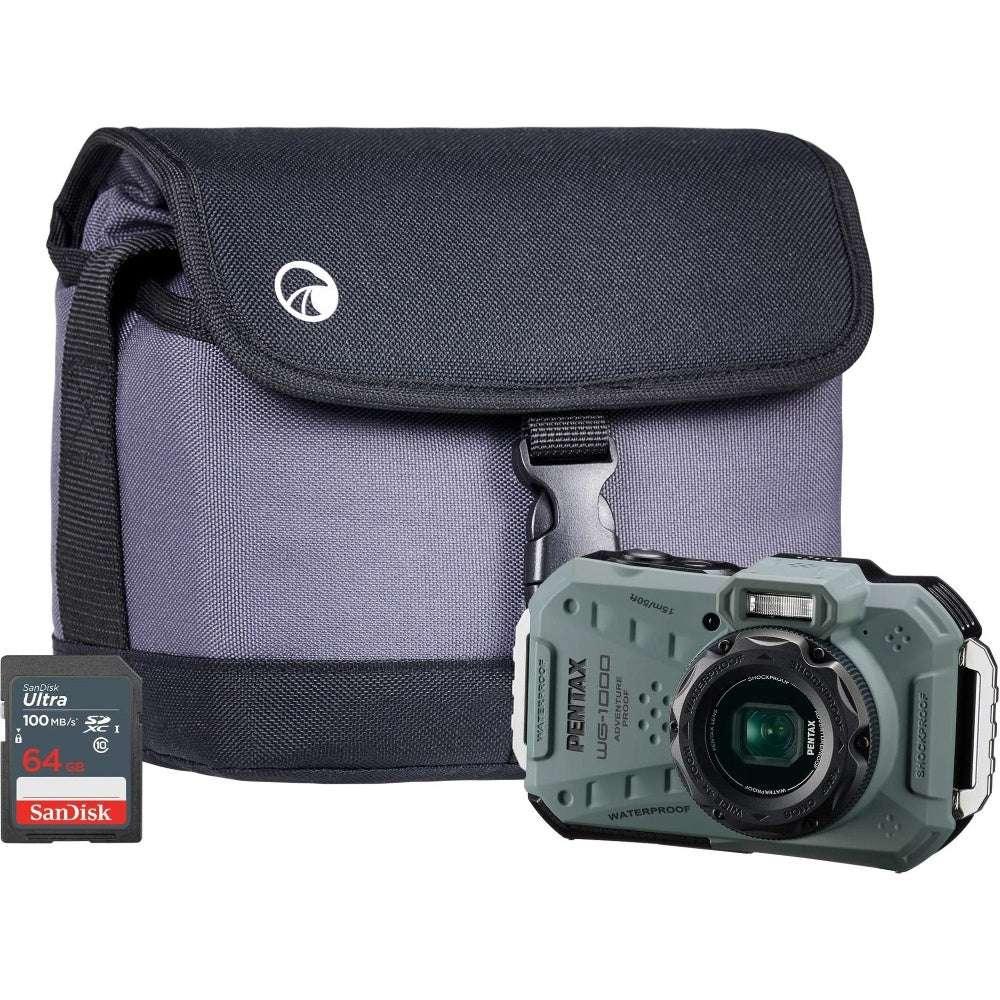 Pentax WG-1000 16MP 4x Zoom Tough Compact Camera - Olive - Camera + Sandisk 64GB SD Card + System Bag