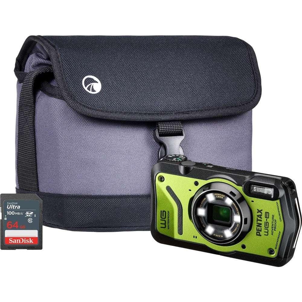 Pentax WG-8 20MP 5x Zoom Tough Compact Camera - Green - Camera + Sandisk 64GB SD Card + System Bag