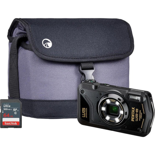 Pentax WG-8 20MP 5x Zoom Tough Compact Camera - Black - Camera + Sandisk 64GB SD Card + System Bag