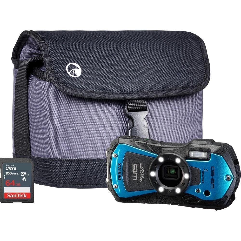 Pentax WG-90 16MP 5x Zoom Tough Compact Camera - Blue - Camera + Sandisk 64GB SD Card + System Bag